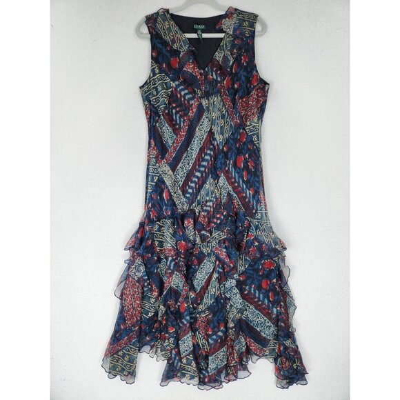 Ralph Lauren Dress Womens 14W Blue Red LRL Sleeveless Ruffle A Line Midi V Neck - Picture 1 of 11
